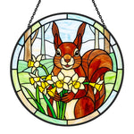 squirrel with daffodils stained glass suncatcher window hanging, suitable for home and garden decoration.