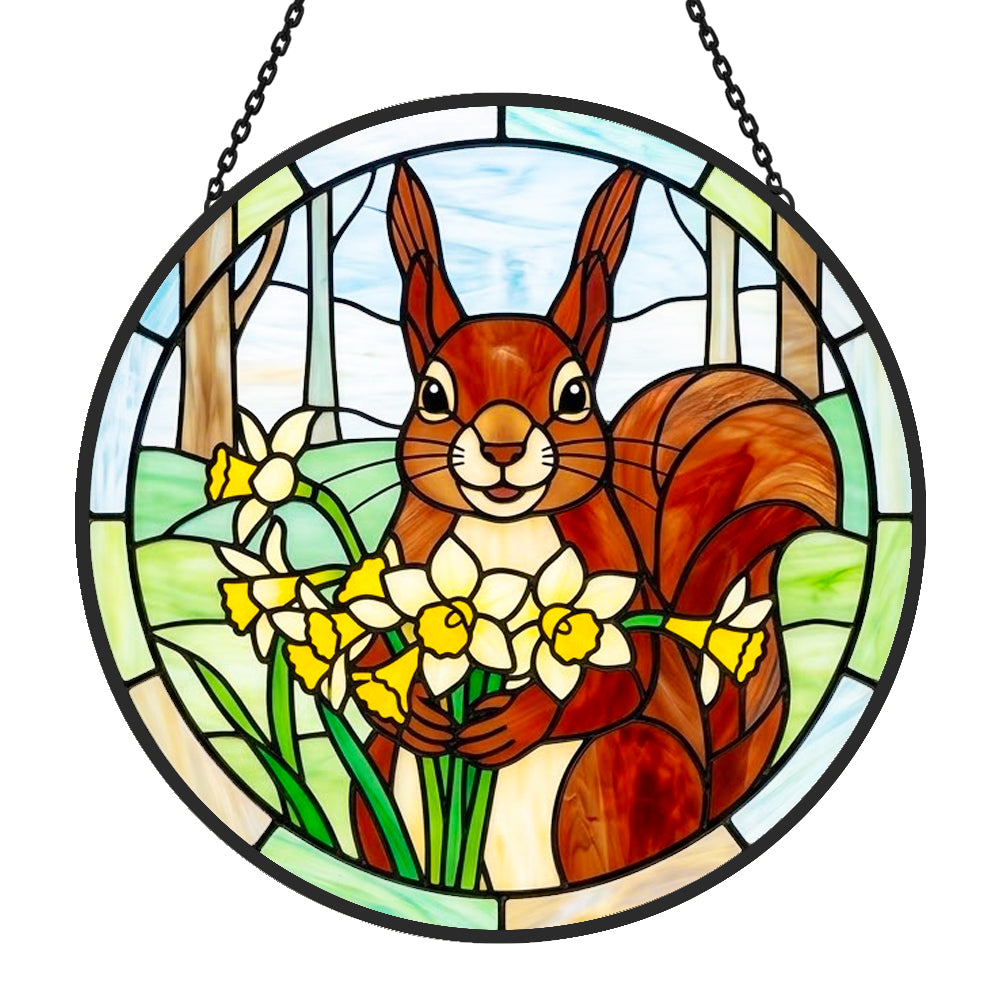 squirrel with daffodils stained glass suncatcher window hanging, suitable for home and garden decoration.