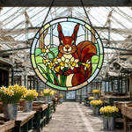 Squirrel with daffodils stained glass suncatcher window hanging, suitable for home and garden decoration