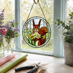 Squirrel with daffodils stained glass suncatcher window hanging, suitable for home and garden decoration