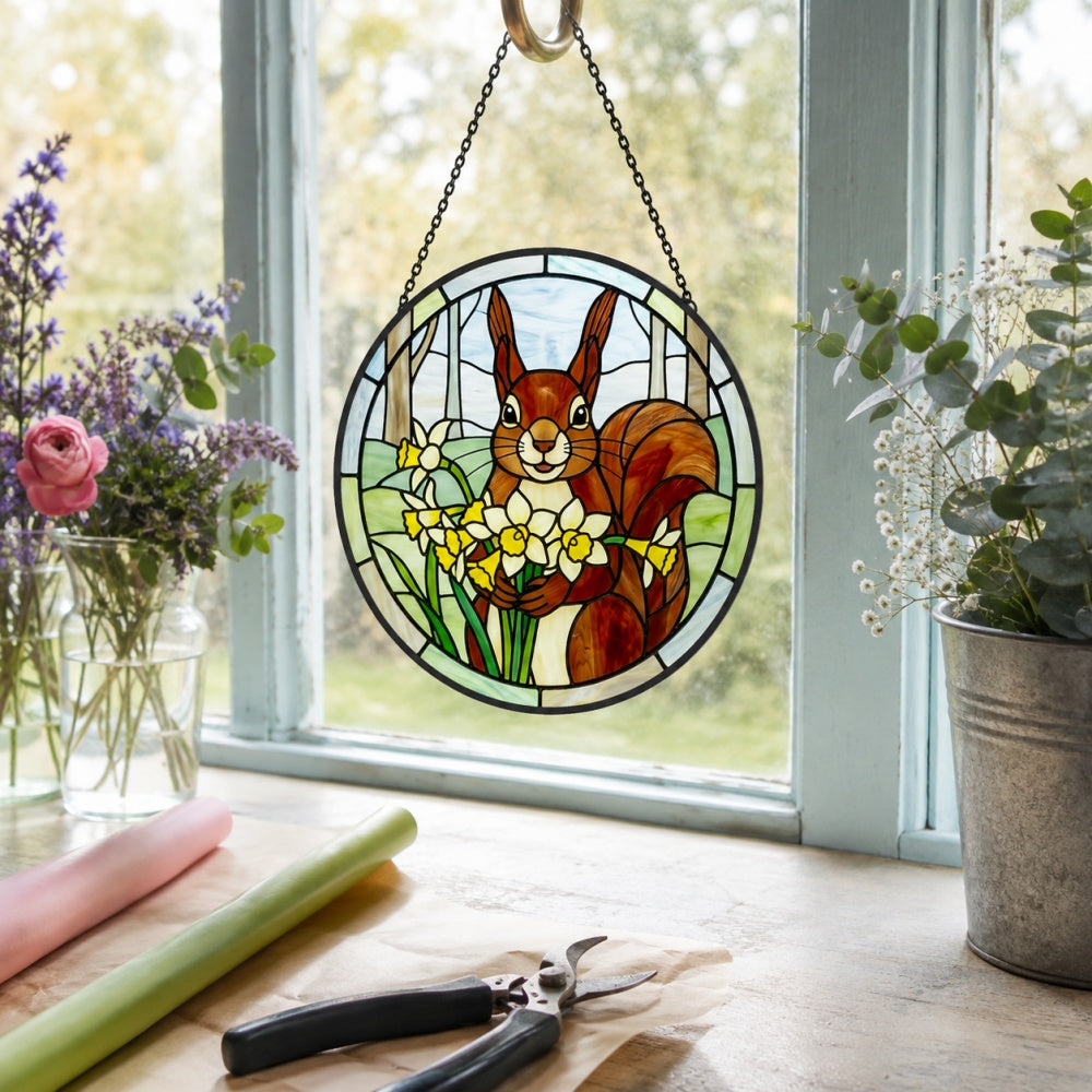 Squirrel with daffodils stained glass suncatcher window hanging, suitable for home and garden decoration