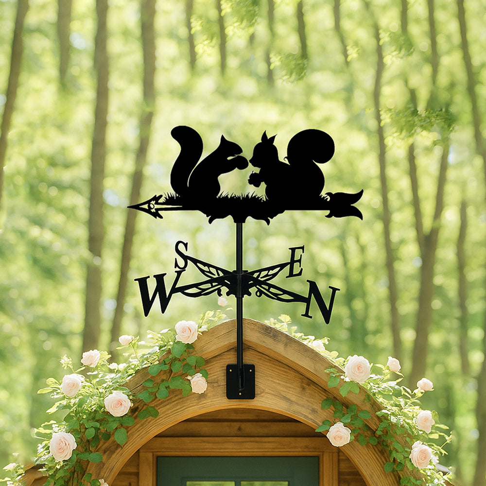 Squirrels metal weather vane with directional arrows and mounting rod, outdoor roof and garden decoration