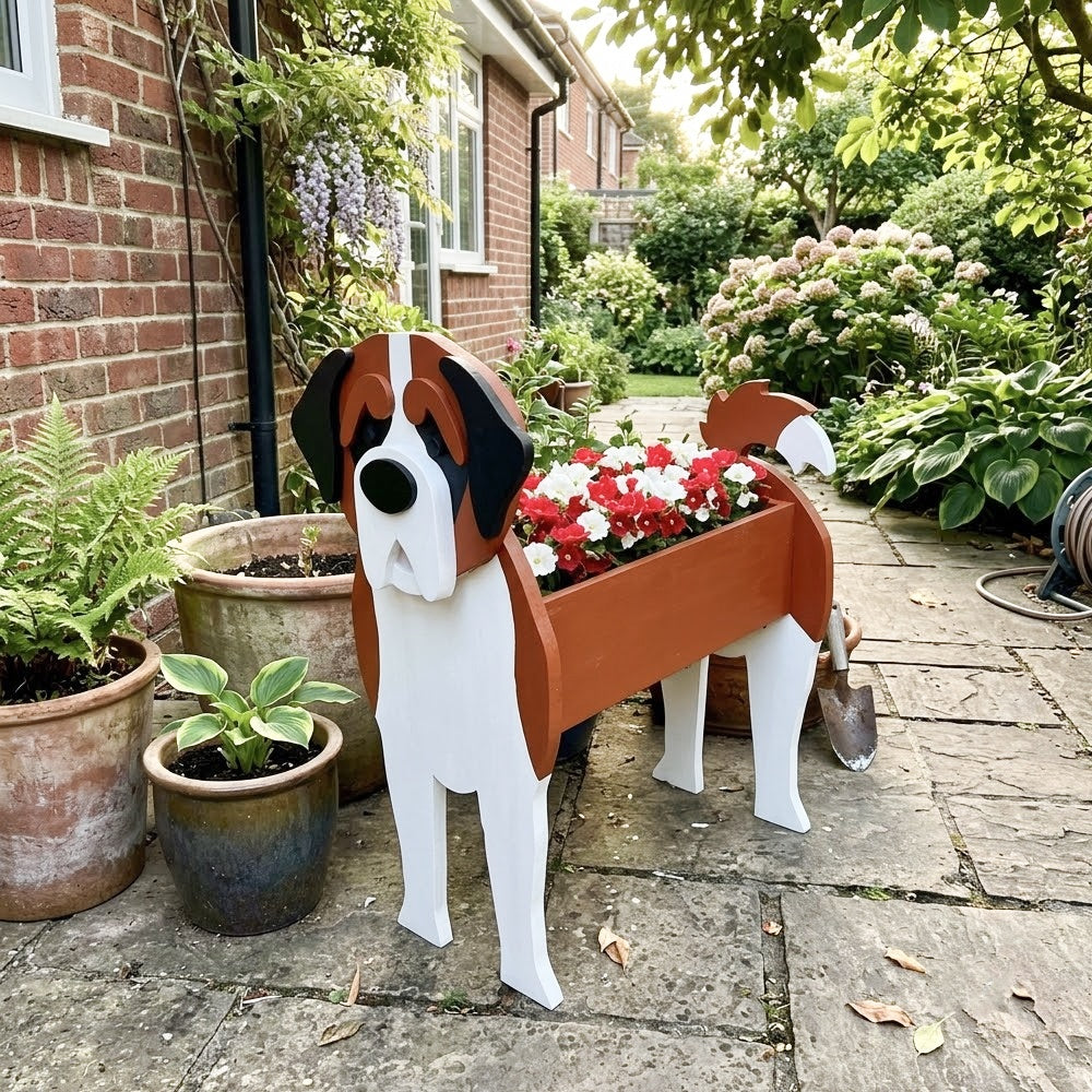 St. Bernard dog planter filled with fresh flowers is placed in the garden