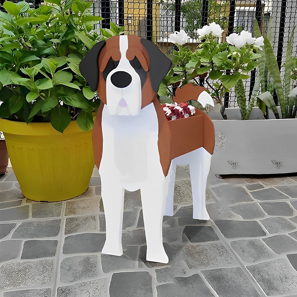 St. Bernard dog planter filled with fresh flowers is placed in the garden