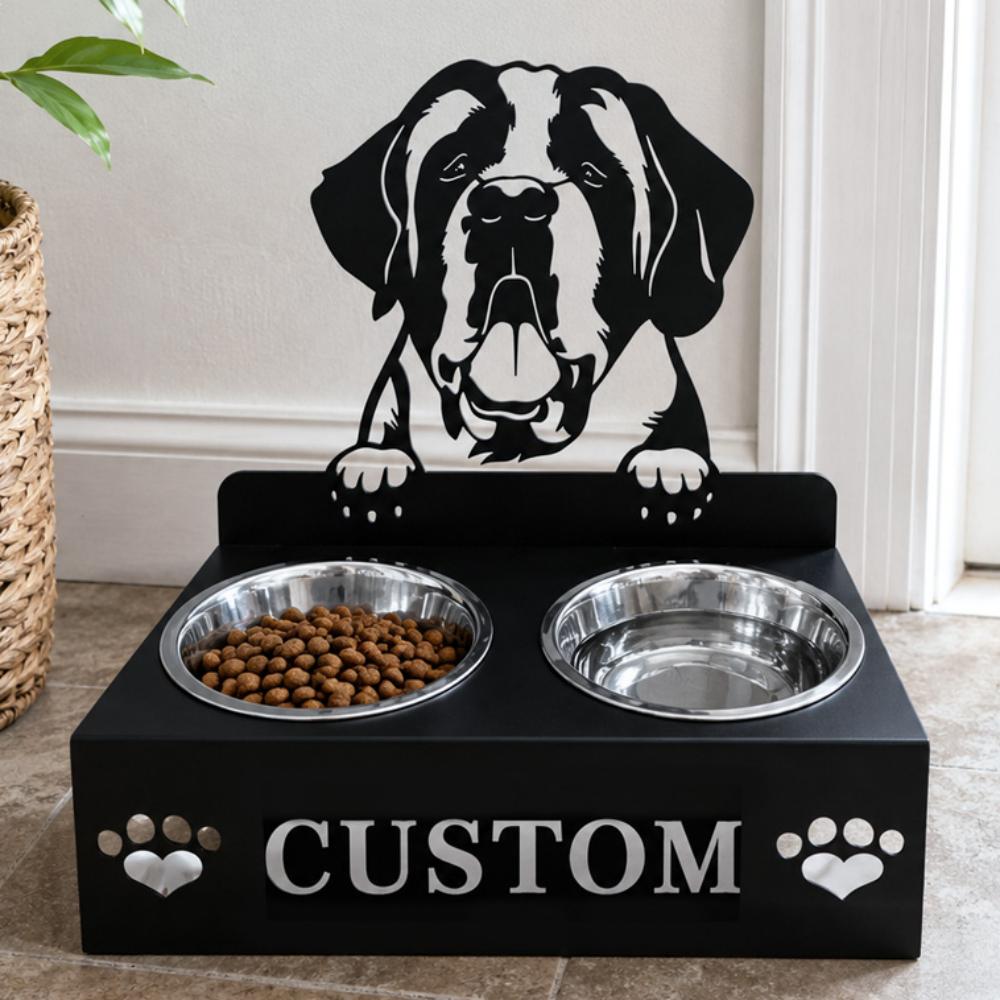 Personalized St. Bernard dog metal dog bowl stand with custom name cutout and two removable feeding bowls