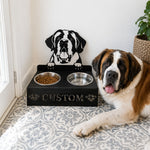 Personalized St. Bernard dog metal dog bowl stand with custom name cutout and two removable feeding bowls