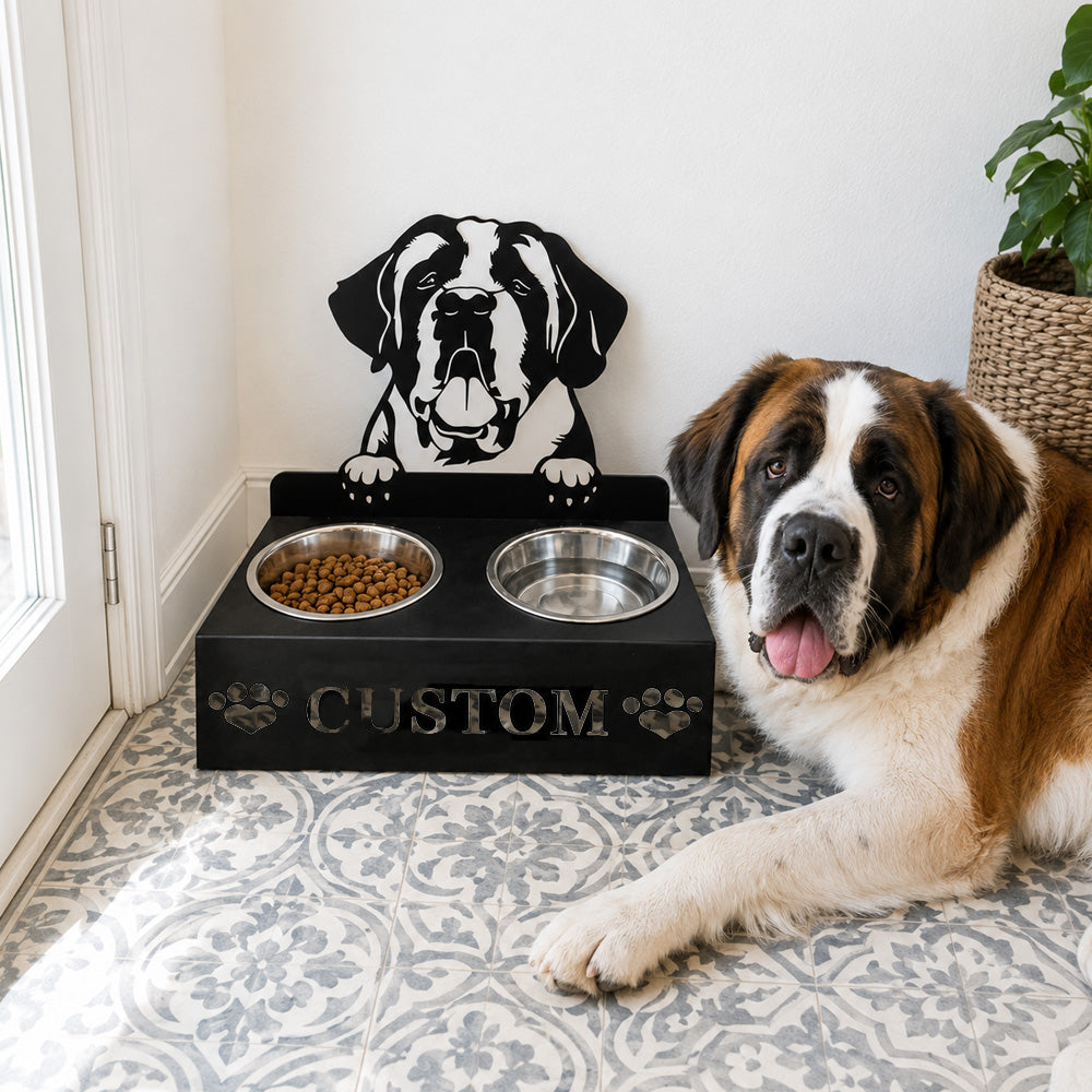 Personalized St. Bernard dog metal dog bowl stand with custom name cutout and two removable feeding bowls