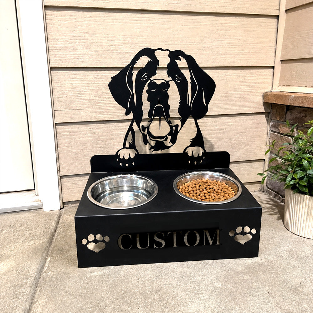 Personalized St. Bernard dog metal dog bowl stand with custom name cutout and two removable feeding bowls