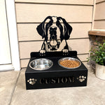 Personalized St. Bernard dog metal dog bowl stand with custom name cutout and two removable feeding bowls