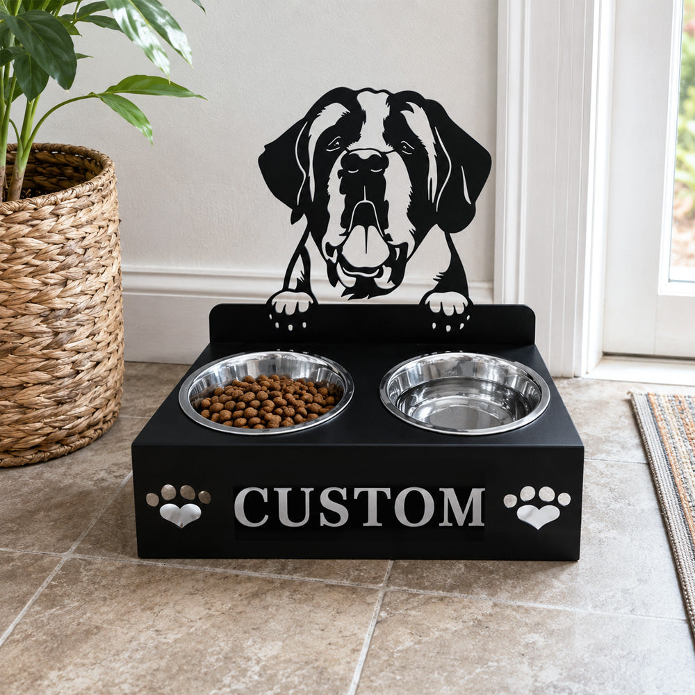 Personalized St. Bernard dog metal dog bowl stand with custom name cutout and two removable feeding bowls
