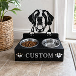 Personalized St. Bernard dog metal dog bowl stand with custom name cutout and two removable feeding bowls