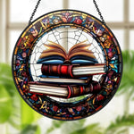 Stack of books open novel stained glass suncatcher window hanging, suitable for home and garden decoration