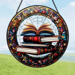 Stack of books open novel stained glass suncatcher window hanging, suitable for home and garden decoration