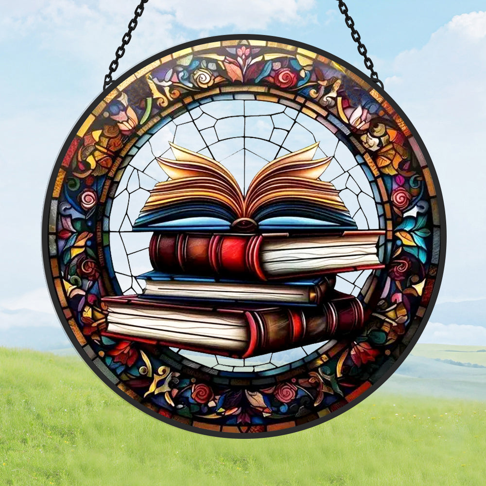 Stack of books open novel stained glass suncatcher window hanging, suitable for home and garden decoration