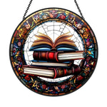 Stack of books open novel stained glass suncatcher window hanging, suitable for home and garden decoration