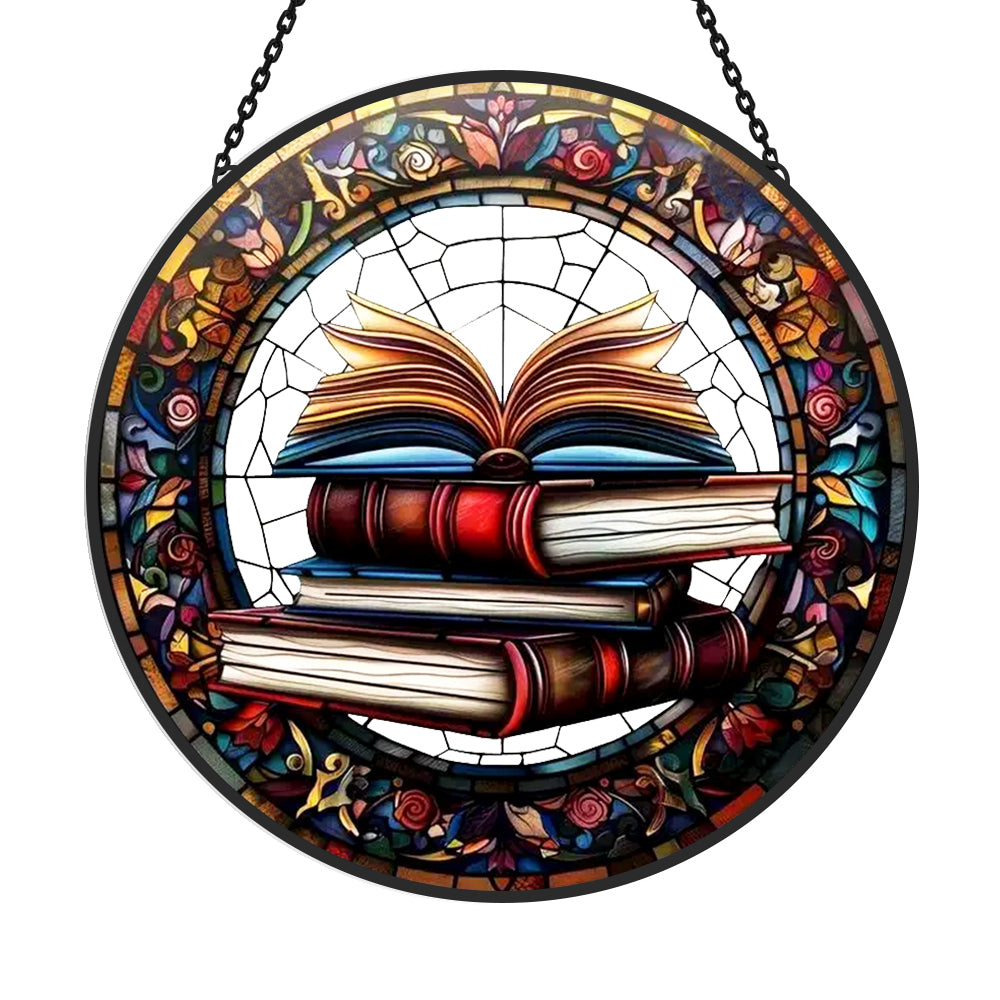 Stack of books open novel stained glass suncatcher window hanging, suitable for home and garden decoration