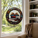Stack of books open novel stained glass suncatcher window hanging, suitable for home and garden decoration