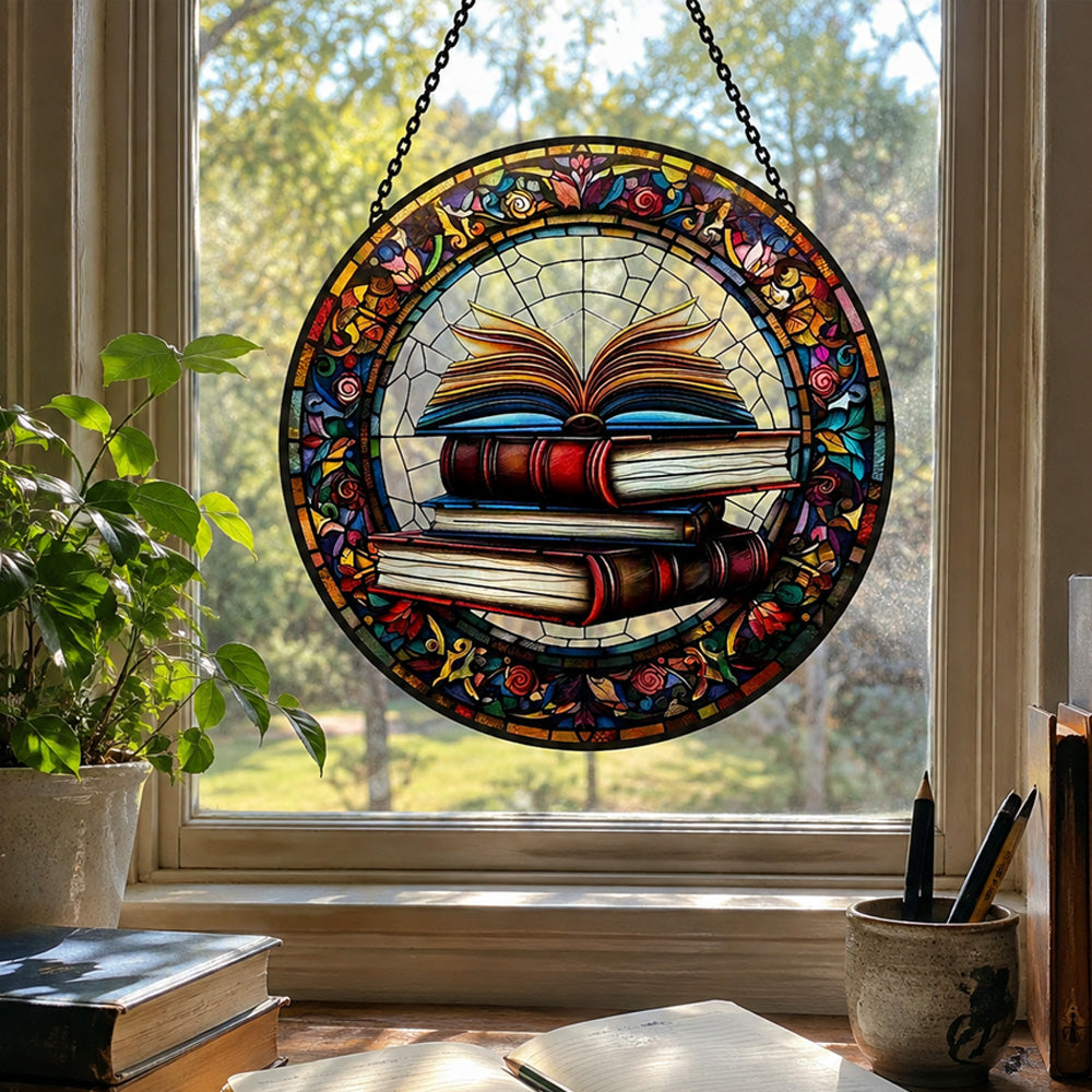 Stack of books open novel stained glass suncatcher window hanging, suitable for home and garden decoration