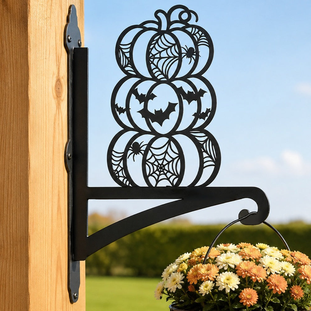Stacked halloween pumpkins metal hanging basket bracket mounted on outdoor wall for plant decoration