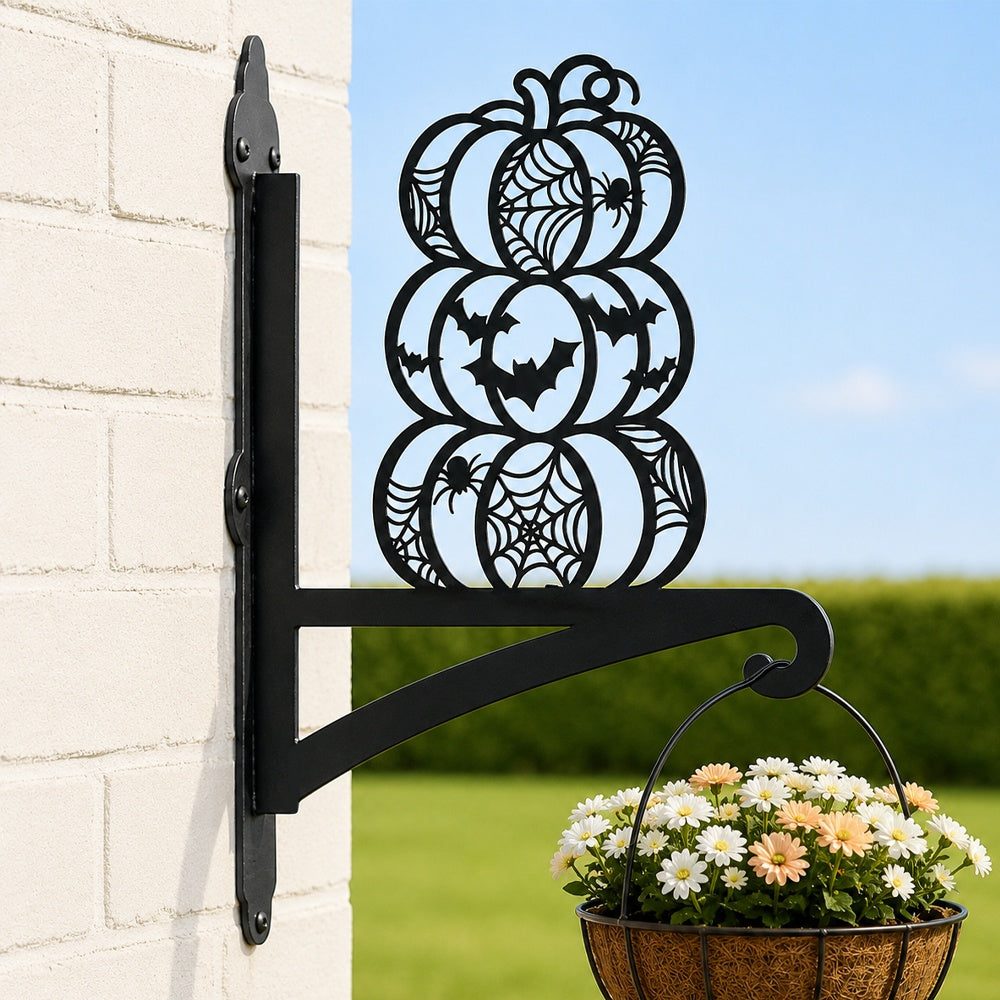 Stacked halloween pumpkins metal hanging basket bracket mounted on outdoor wall for plant decoration