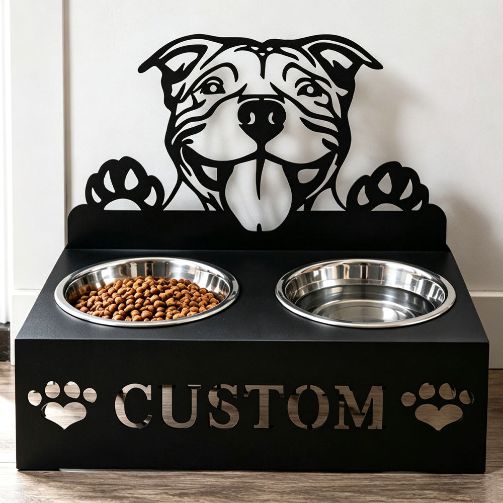 Personalized staffordshire bull terrier metal dog bowl stand with custom name cutout and two removable feeding bowls