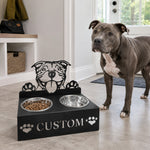 Personalized staffordshire bull terrier metal dog bowl stand with custom name cutout and two removable feeding bowls