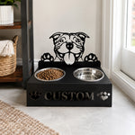 Personalized staffordshire bull terrier metal dog bowl stand with custom name cutout and two removable feeding bowls