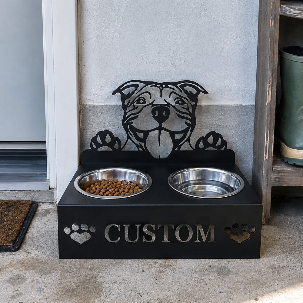 Personalized staffordshire bull terrier metal dog bowl stand with custom name cutout and two removable feeding bowls