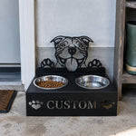 Personalized staffordshire bull terrier metal dog bowl stand with custom name cutout and two removable feeding bowls
