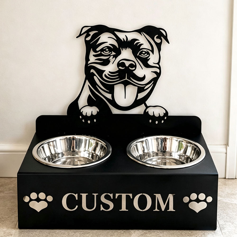 Personalized staffordshire bull terrier metal dog bowl stand with custom name cutout and two removable feeding bowls