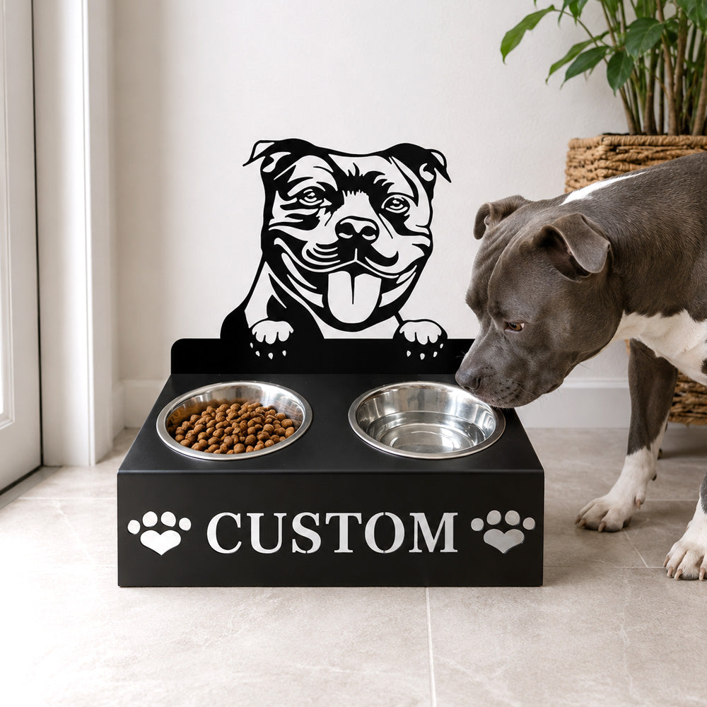 Personalized staffordshire bull terrier metal dog bowl stand with custom name cutout and two removable feeding bowls