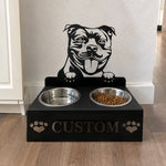 Personalized staffordshire bull terrier metal dog bowl stand with custom name cutout and two removable feeding bowls
