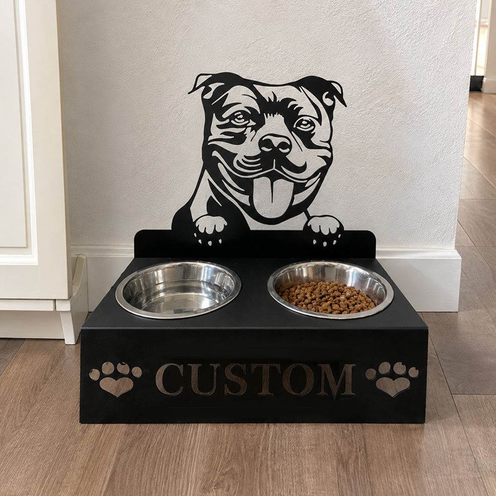 Personalized staffordshire bull terrier metal dog bowl stand with custom name cutout and two removable feeding bowls