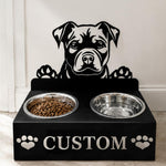 Personalized staffordshire bull terrier metal dog bowl stand with custom name cutout and two removable feeding bowls