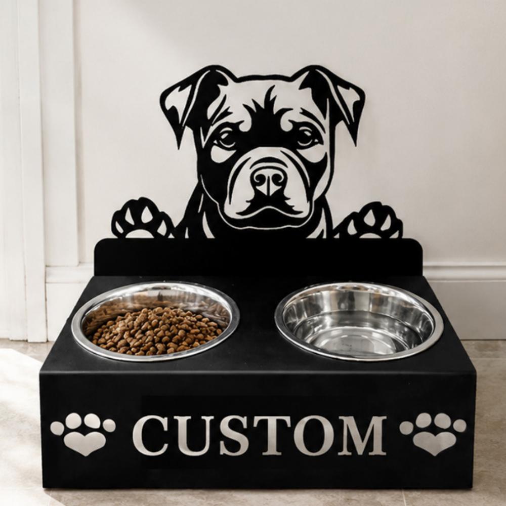 Personalized staffordshire bull terrier metal dog bowl stand with custom name cutout and two removable feeding bowls