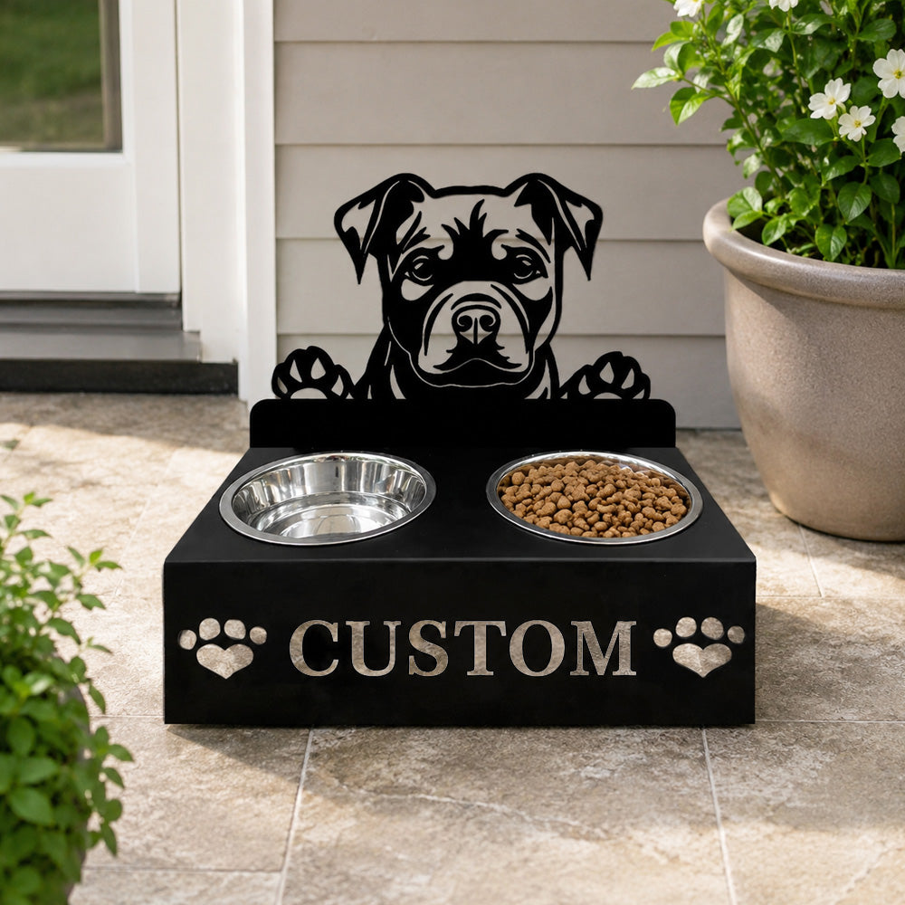 Personalized staffordshire bull terrier metal dog bowl stand with custom name cutout and two removable feeding bowls