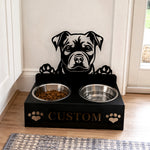 Personalized staffordshire bull terrier metal dog bowl stand with custom name cutout and two removable feeding bowls