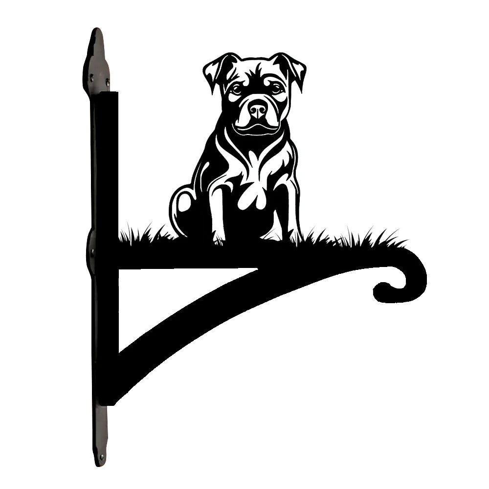 Staffordshire bull terrier metal hanging basket bracket mounted on outdoor wall for plant decoration