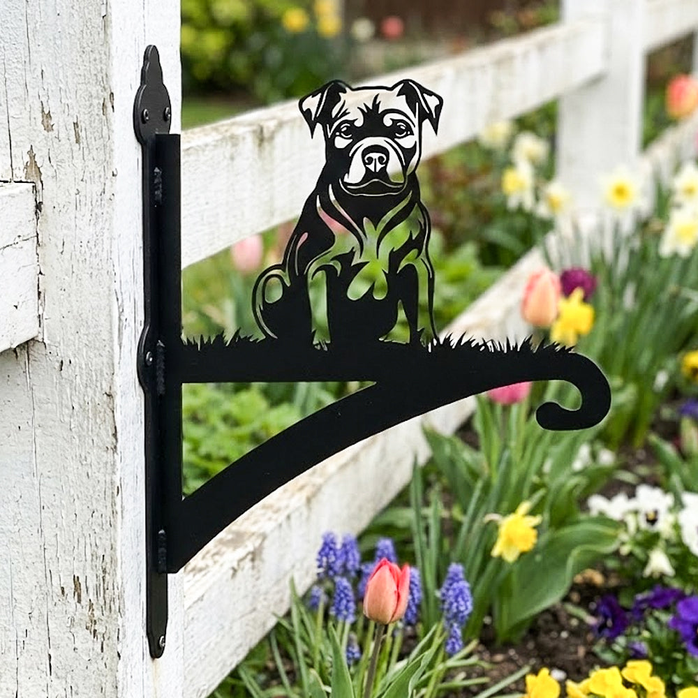 Staffordshire bull terrier metal hanging basket bracket mounted on outdoor wall for plant decoration