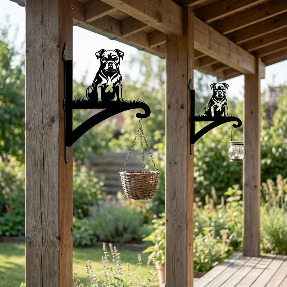 Staffordshire bull terrier metal hanging basket bracket mounted on outdoor wall for plant decoration