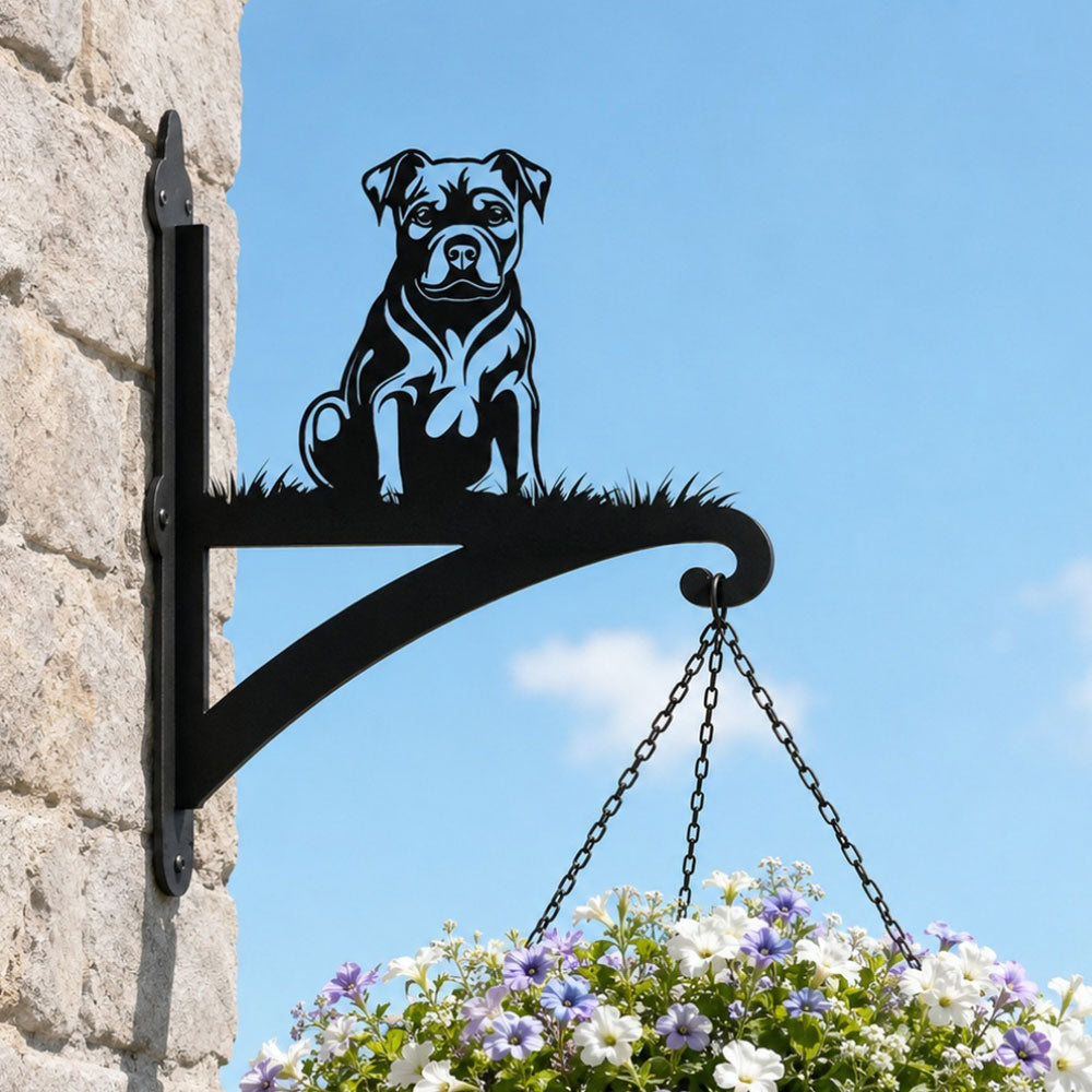 Staffordshire bull terrier metal hanging basket bracket mounted on outdoor wall for plant decoration