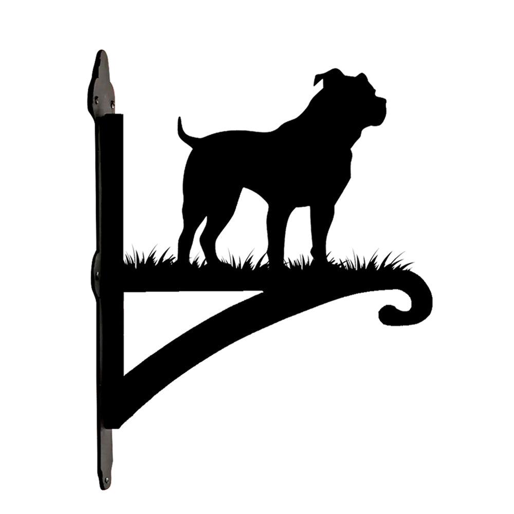 Staffordshire bull terrier metal hanging basket bracket mounted on outdoor wall for plant decoration