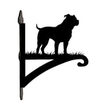 Staffordshire bull terrier metal hanging basket bracket mounted on outdoor wall for plant decoration