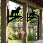 Staffordshire bull terrier metal hanging basket bracket mounted on outdoor wall for plant decoration