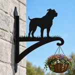 Staffordshire bull terrier metal hanging basket bracket mounted on outdoor wall for plant decoration