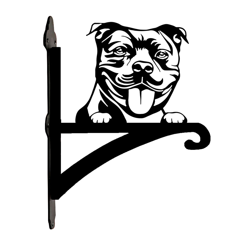 Staffordshire bull terrier metal hanging basket bracket mounted on outdoor wall for plant decoration