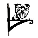 Staffordshire bull terrier metal hanging basket bracket mounted on outdoor wall for plant decoration