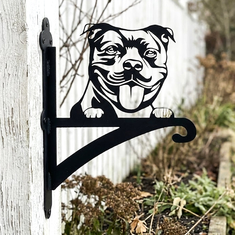 Staffordshire bull terrier metal hanging basket bracket mounted on outdoor wall for plant decoration