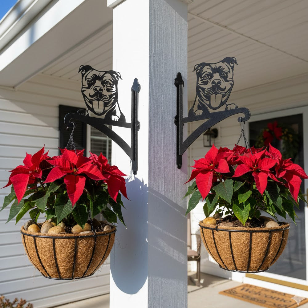 Staffordshire bull terrier metal hanging basket bracket mounted on outdoor wall for plant decoration