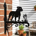 Staffordshire bull terrier metal hanging basket bracket mounted on outdoor wall for plant decoration
